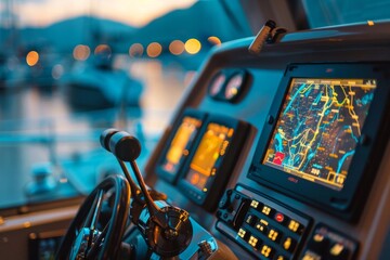 Boat control panel with map, close up view
