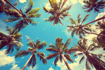 Wall Mural - Looking up at blue sky and palm trees, view from below, vintage style, tropical beach and summer background, travel concept