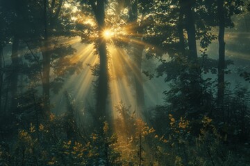 Poster - Sunlight streaming trees forest mist