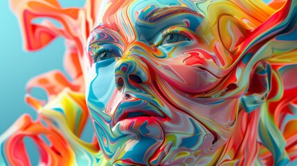 Poster - A colorful painting of a woman's face with a blue and yellow swirl