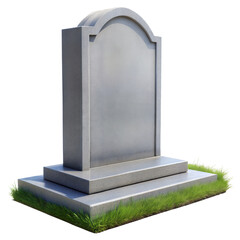 A 3D illustration of a gray granite tombstone with an arched top and a base with grass