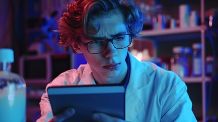 Wall Mural - A young man in a lab coat is looking at a tablet computer