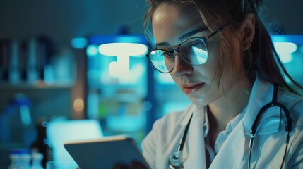 Wall Mural - A woman wearing glasses and a white lab coat is looking at a tablet