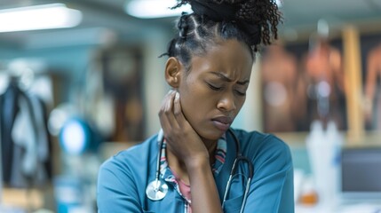 A woman in a blue shirt with a stethoscope on her chest is in pain