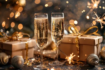 Wall Mural - Two glasses with champagne, sparklers, and Christmas decor