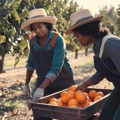 Wall Mural - Two women are picking oranges in a field