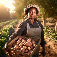 Wall Mural - A woman is holding a basket of potatoes in a field