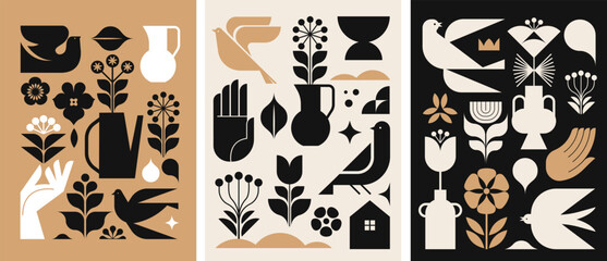 Wall Mural - black, gold and white modern symbolist design. minimalist black illustrations in modern nordic style
