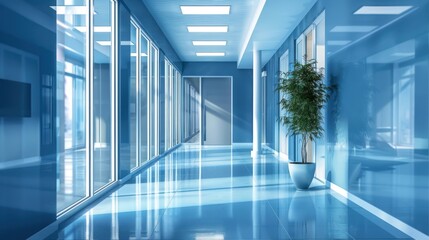 Wall Mural - A large empty corridor room with a blue ceiling and floor toned