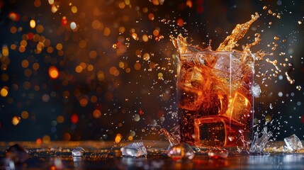 A dynamic image of a glass of soft drink with ice splashing around, set against a dark background