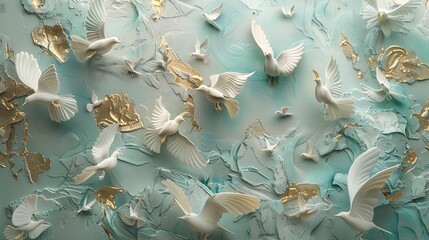 Wall Mural - Volumetric decorative exotic birds against the background of a plastered wall.