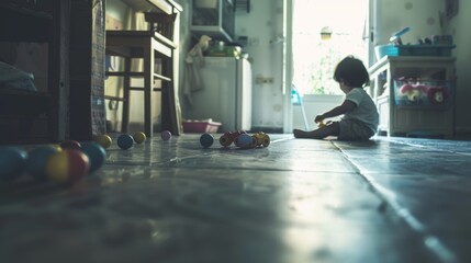 Poster - A child sitting on the floor playing with toys in a kitchen, AI