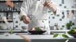 © starush - A chef is preparing a dish in the kitchen with sprinkles, AI