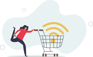 Wall Mural - young woman using mobile e-commerce app with big wifi sign in shopping cart trolley.flat vector illustration.