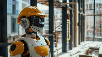 Wall Mural - Robot in construction site wearing yellow safety helmet.