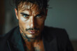 © Jhon - An intimidating and powerful Italian mafia billionaire with tanned skin, wearing a luxurious black suit and a tattoo on his neck, looking at the camera with a sensual and piercing gaze.