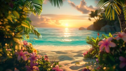 Wall Mural - A beach with flowers and palm trees in the background, AI