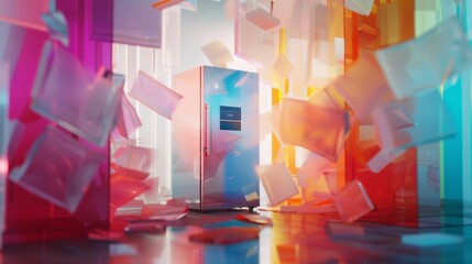 Sticker - A refrigerator is surrounded by colorful glass pieces in a room, AI