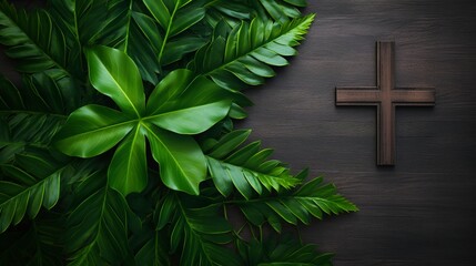 Wall Mural - cross made of wood on a wooden table and leaves, generative ai