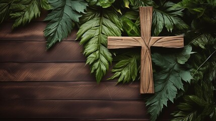 cross made of wood on a wooden table and leaves, generative ai