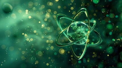 Wall Mural - A green and gold atomic symbol with a planet in the middle, AI