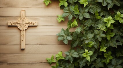 Wall Mural - cross made of wood on a wooden table and leaves, generative ai