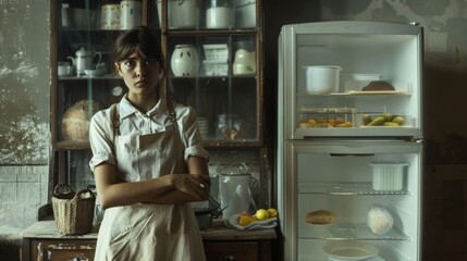 Wall Mural - A woman standing in a kitchen with an open refrigerator, AI