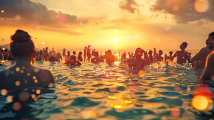Group of people at the beach on beautiful summer sunset - 3D illustration. AI generated illustration