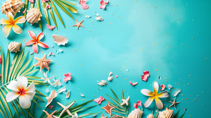 Sticker - summer banner on blue background tropical flowers shells and palm branch with copy space