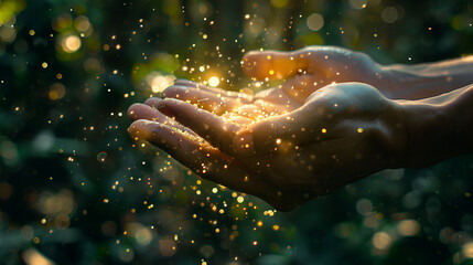 magic banner, in hands golden pollen and magic glow close-up on dark green background and bokeh