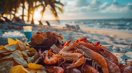 A pile of shrimp and chips on a beach with palm trees, AI