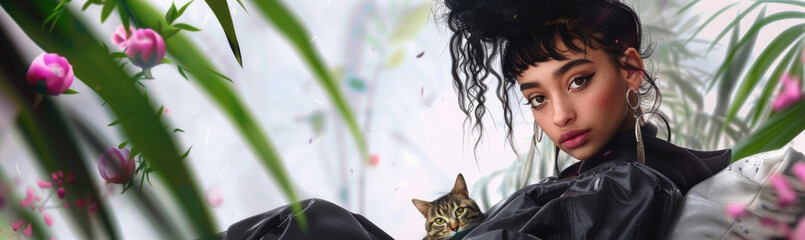 Wall Mural - A young woman with curly hair and a cat poses in a floral setting. She is wearing a black jacket and looking directly at the camera