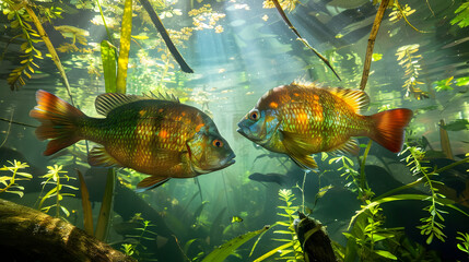 Poster - A vivid side view of freshwater fish in their natural habitat, showcasing their vibrant colors and graceful movements amidst lush aquatic plants and clear water