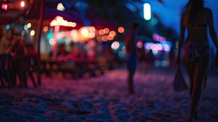 Wall Mural - Beach at night ith neon lights. blurred vie of people. AI generated illustration