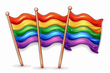 Sticker - Set of three illustrated rainbow flags on wooden poles with a clean white background