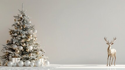 Wall Mural - Christmas tree with white and gold ornaments, a deer figurine on the right side, balls in front of it, on a light background, 