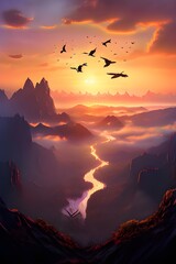 Wall Mural - sunset in the mountains