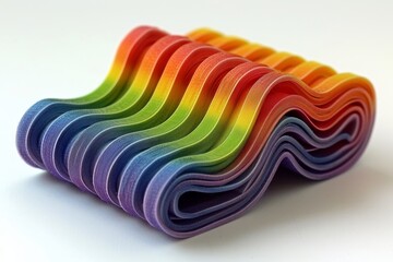 Wall Mural - rolled rainbow fabric with wavy patterns creating a dynamic and colorful visual effect on a white ba