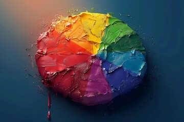 Wall Mural - cracked round object painted with rainbow colors on a dark surface symbolizing resilience and unity