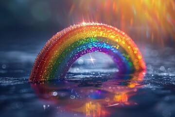 Wall Mural - crystal like rainbow arch reflecting light in a dark, rain soaked setting creating a magical atmosph