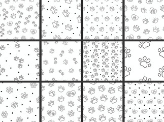 Wall Mural - Dog or cat paw print. Seamless pattern. Coloring Page. Animal footprints. Hand drawn style. Vector drawing. Collection of design ornaments.