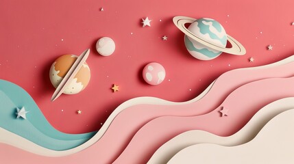 Wall Mural - Colorful paper art style space scene with planets and rocket. Stylized rocket and planets on a pink background.