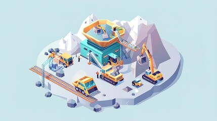 isometric illustration of a quarry with mining equipment and workers.