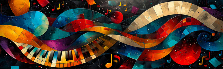 Abstract Musical Notes and Instruments. A colorful abstract illustration depicting musical notes and instruments, creating a lively and dynamic visual celebration of music and creativity.