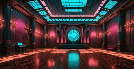 Wall Mural - cyberpunk palace ballroom theatre hall. futuristic abandoned sci-fi neon cyber amphitheater auditorium empty room. royal dance hall in noble mansion interior.	