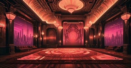 Wall Mural - cyberpunk palace ballroom theatre hall. futuristic abandoned sci-fi neon cyber amphitheater auditorium empty room. royal dance hall in noble mansion interior.	