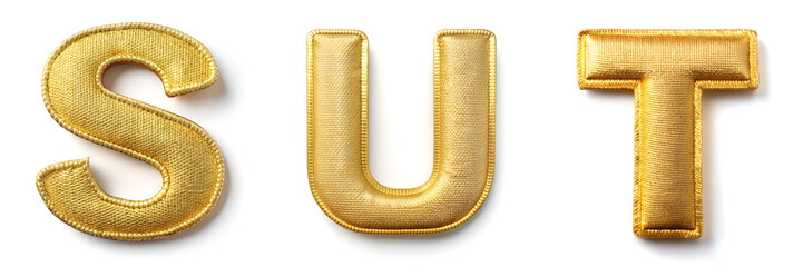 Letters S, T, U. Alphabet of Golden Fabric: Premium Sewn Letters.