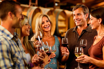 Wall Mural - Cheers to Friendship: A Group of Happy People in a Winery, Bonding Over Quality Wines and Enjoying Quality Wine and Each Other's Company.