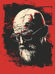Wall Mural - A man with a beard and glasses is the main subject of the image. The man is wearing glasses and has a beard, which gives him a distinguished appearance. The image is in black and white
