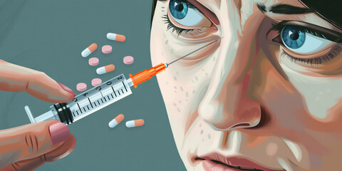 Wall Mural - Fighting for Control: A woman's grip on a syringe is tense, her eyes locked on a small mountain of pills as if they're the enemy
